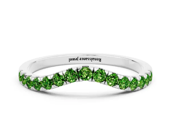 Curved Pavé Round Peridot Wedding Band with Shared Prong Setting Platinum