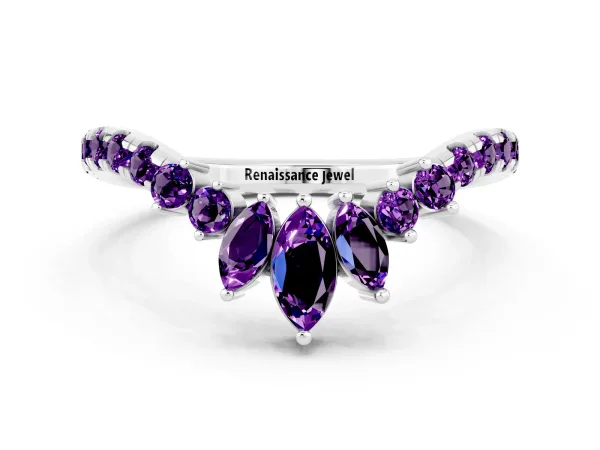 Chevron Marquise and Round Amethyst Open Band with Prong Setting Platinum