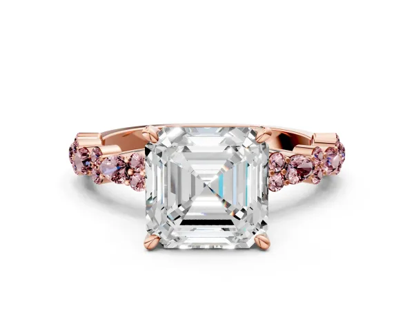 Asscher Cut Diamond Side Stone Solitaire Ring with Round Morganite and Four-Prong Setting Rose gold