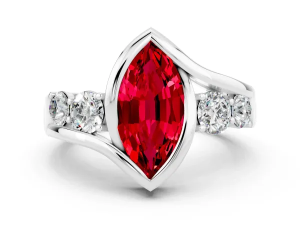 Bezel Set Marquise Cut Ruby Bypass Ring with Round Accents Platinum