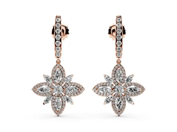 Marquise and Round Diamond Floral Huggie Drop Earrings Rose gold