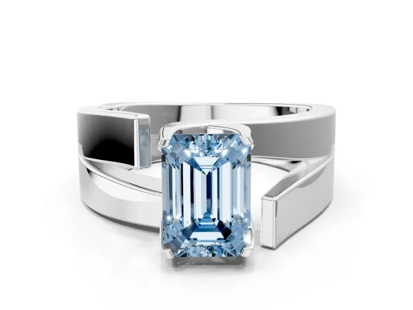 Fancy Blue Modern Tension Set Emerald Cut Diamond Solitaire Wide Band Ring Silver