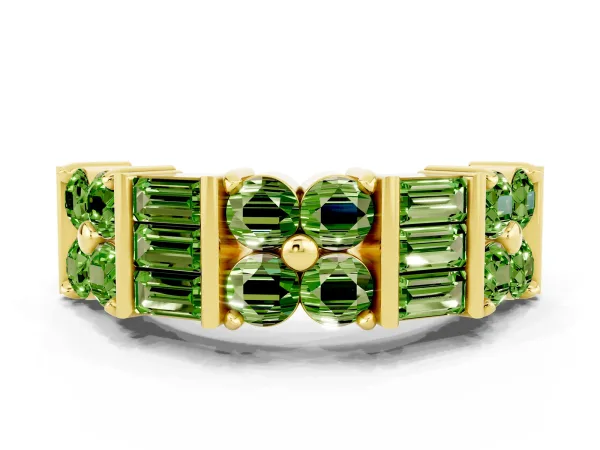 Channel Set Round and Baguette Peridot Anniversary Band with Prong Setting Yellow gold