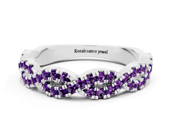 Round Amethyst Twisted Eternity Band with Pavé and Shared Prong Setting Platinum