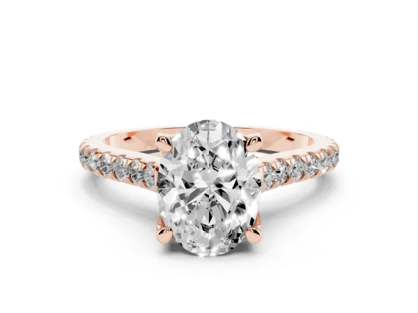 Oval Cut Brilliant Diamond Solitaire with Pavé Band and Four-Prong Setting Rose gold
