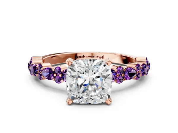 Cushion Cut Diamond Side Stone Solitaire Ring with Round Amethyst and Four-Prong Setting Rose gold
