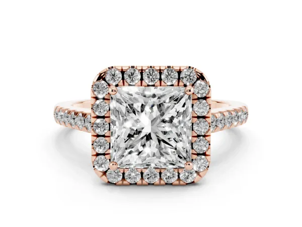 Princess Cut Halo Pavé Diamond Engagement Ring with Four-Prong Setting Rose gold