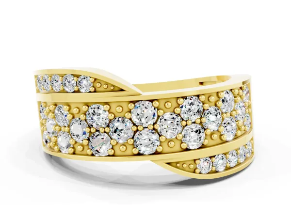 Pavé Round Moissanite Crossover Band with Bead Prong Setting Yellow gold