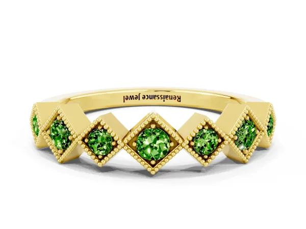 Milgrain Square Bezel Round Peridot Chevron Band Yellow gold