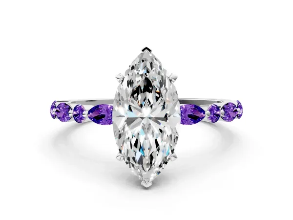 Marquise Cut Diamond Ring with Marquise and Round Tanzanite Side Stones and Four-Prong Setting White gold