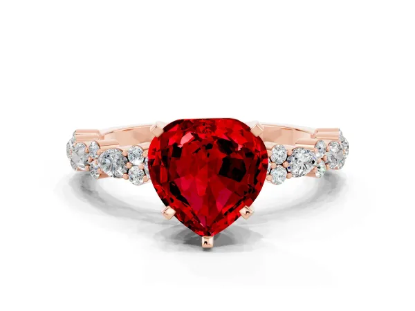 Heart Cut Ruby Side Stone Solitaire Ring with Round and Four-Prong Setting Rose gold