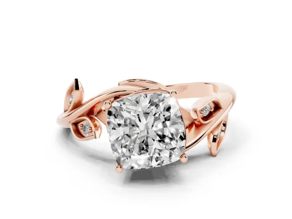 Cushion Cut Solitaire Twist Engagement Ring with Leaf Accents and Prong Setting Rose gold