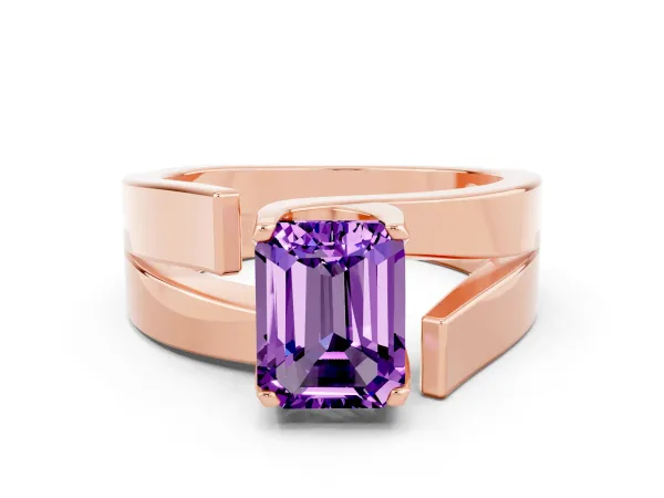 Modern Tension Set Emerald Cut Amethyst Solitaire Wide Band Ring Rose gold