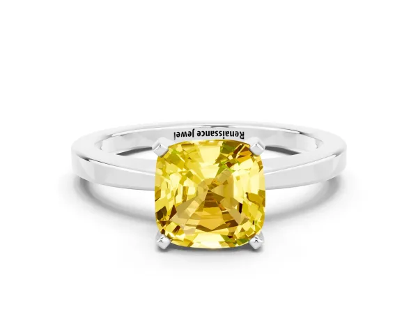 Cushion Cut Yellow Sapphire Solitaire Engagement Ring with Classic Band and Four-Prong Setting Platinum