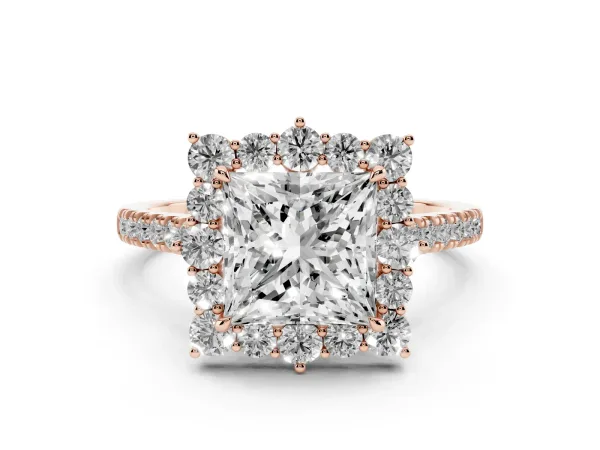 Princess Cut Halo Diamond Ring with Pavé Band and Prong Setting Rose gold