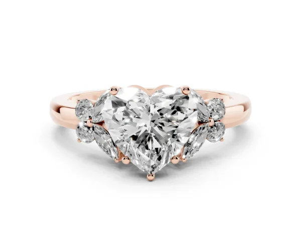 Heart Cut Cut Solitaire Floral Diamond Ring with Four-Prong Setting Rose gold