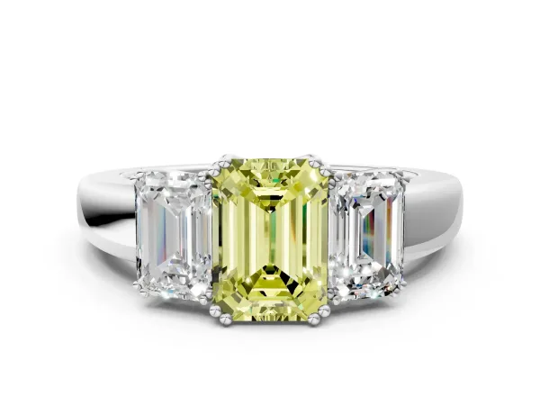Fancy Yellow Three-Stone Emerald Cut Cut Diamond Ring with Channel Set Band and Four-Prong Setting Platinum