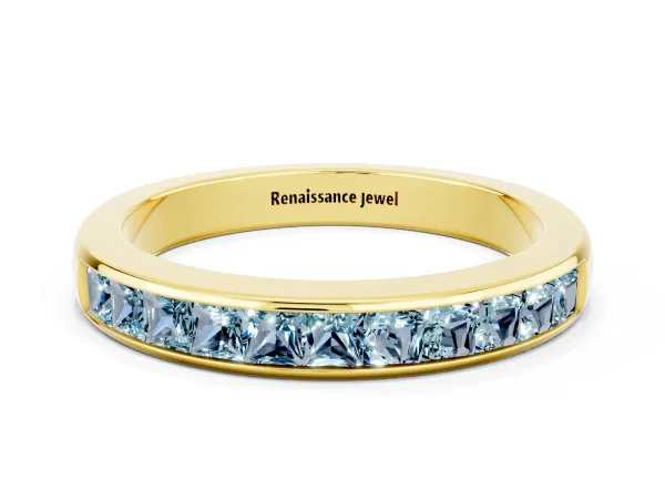 Channel Set Princess Cut Aquamarine Eternity Band Yellow gold