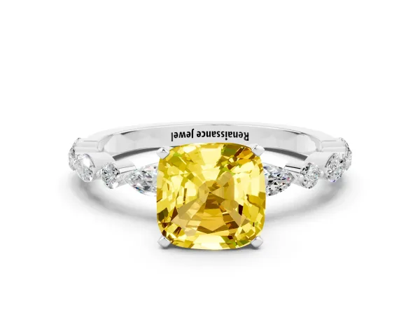 Cushion Cut Yellow Sapphire Ring with Marquise and Round Side Stones and Four-Prong Setting White gold
