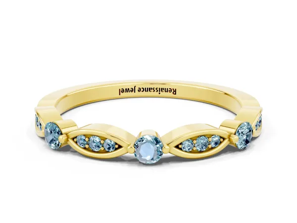 Marquise and Round Aquamarine Milgrain Band with Bezel Setting Yellow gold