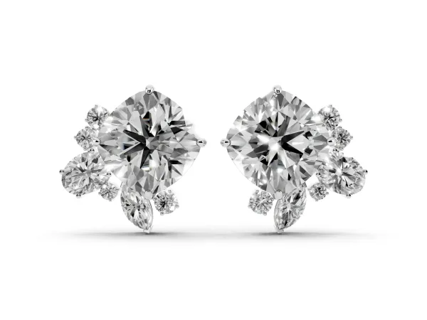 Cushion Cut Diamond Floral Stud Earrings with Multi-Shape Accents White gold