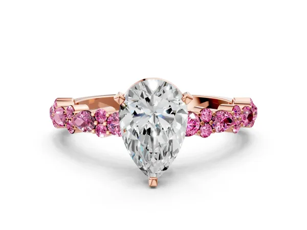 Pear Cut Diamond Side Stone Solitaire Ring with Round Pink Sapphire and Four-Prong Setting Rose gold