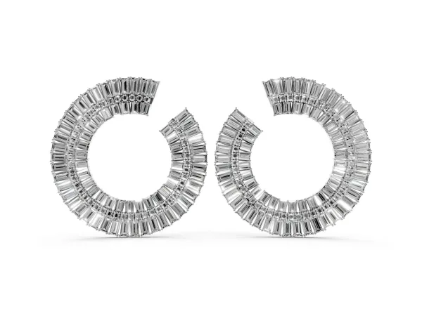 Baguette and Round Diamond Fanned Hoop Earrings Platinum