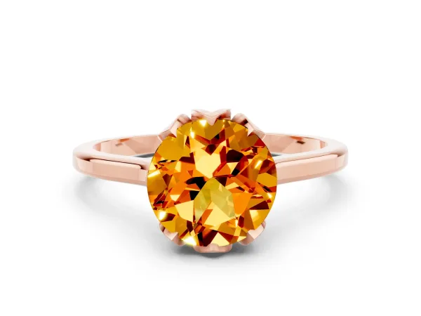 Round Cut Citrine Solitaire Ring with Flower Prong Setting and Classic Band Rose gold