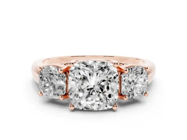 Three-Stone Cushion Cut Diamond Engagement Ring with Prong Setting Rose gold