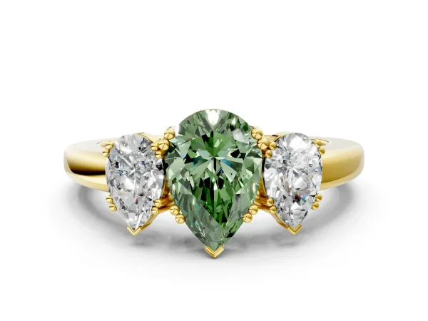 Fancy Green Three-Stone Pear Cut Cut Diamond Ring with Channel Set Band and Four-Prong Setting Yellow gold