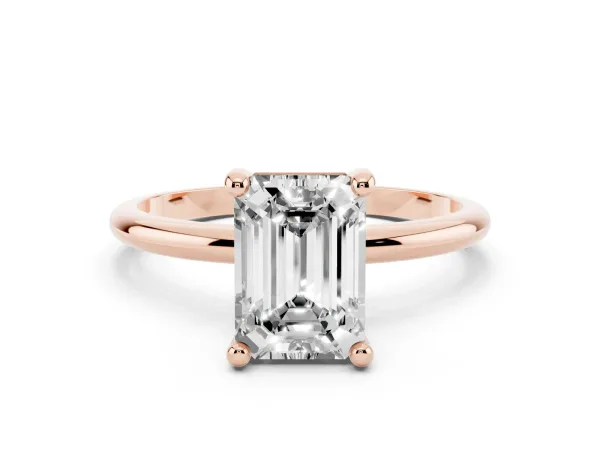 Emerald Cut Solitaire Diamond Ring with 4-Prong Setting on a Classic Band Rose gold