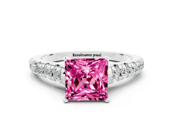 Princess Cut Pink Sapphire Cathedral Solitaire Ring with Round Pavé Band Platinum