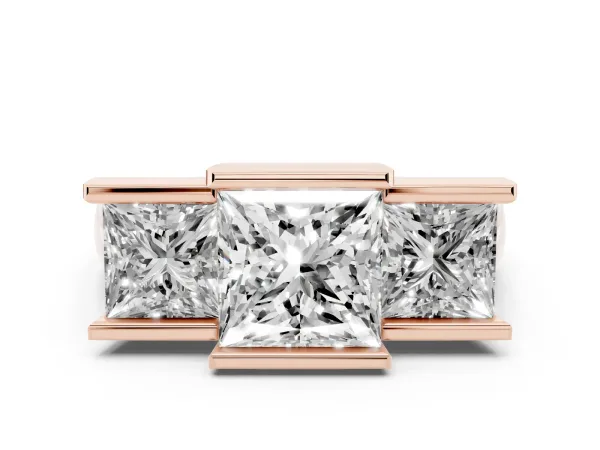 Three Stone Princess Cut Cut Channel Set Diamond Ring Rose gold