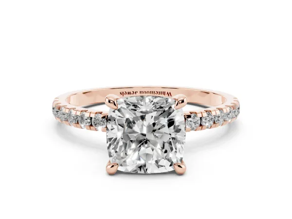 Cushion Cut Diamond Brilliant Solitaire Ring with Pavé Band and Four-Prong Setting Rose gold