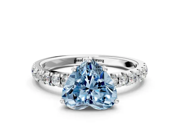 Fancy Blue Heart Cut Diamond Pave Band Solitaire Ring with Round and Prong Setting Platinum