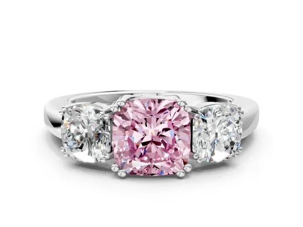 Fancy Pink Three-Stone Cushion Cut Cut Diamond Ring with Channel Set Band and Four-Prong Setting Platinum