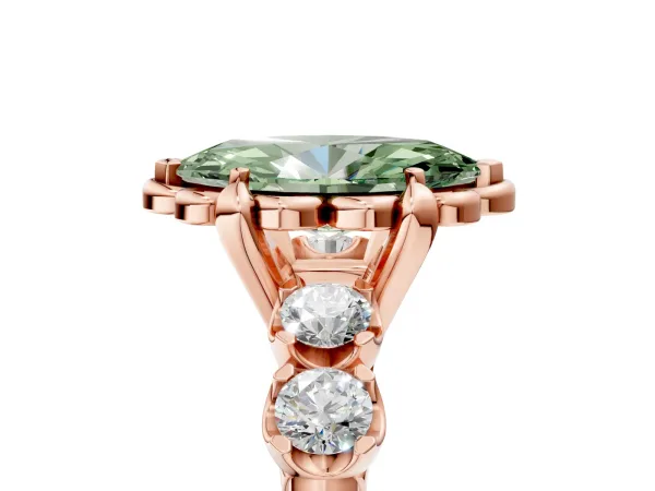 Fancy Green Marquise Cut Cut Diamond Floral Halo Engagement Ring with Shared Prong Setting Rose gold