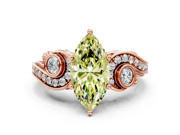 Fancy Yellow Marquise Cut Diamond Solitaire Ring with Milgrain Pavé Band and Four-Prong Setting Rose gold