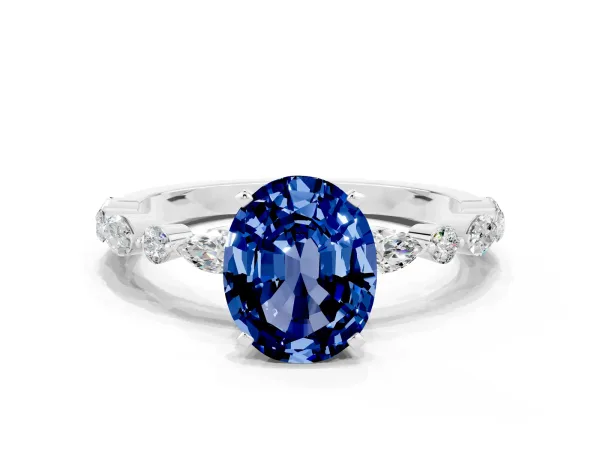 Oval Cut Blue Sapphire Ring with Marquise and Round Side Stones and Four-Prong Setting White gold