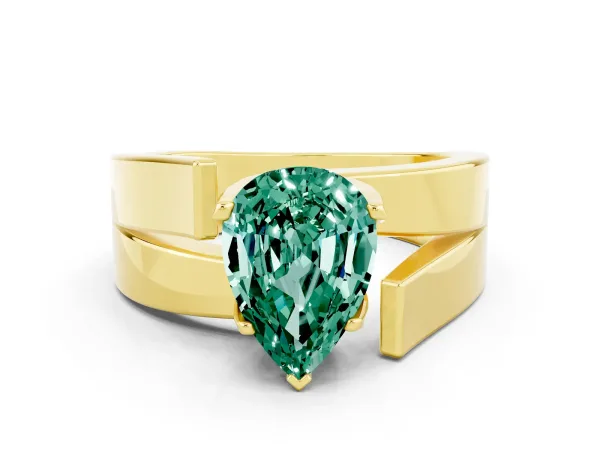 Modern Tension Set Pear Cut Green Sapphire Solitaire Wide Band Ring Yellow gold