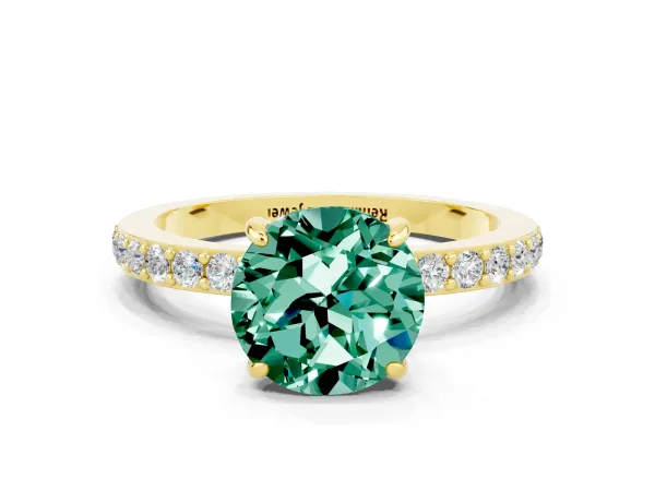 Round Cut Green Sapphire Solitaire Engagement Ring with Pavé Band and Four-Prong Setting Yellow gold