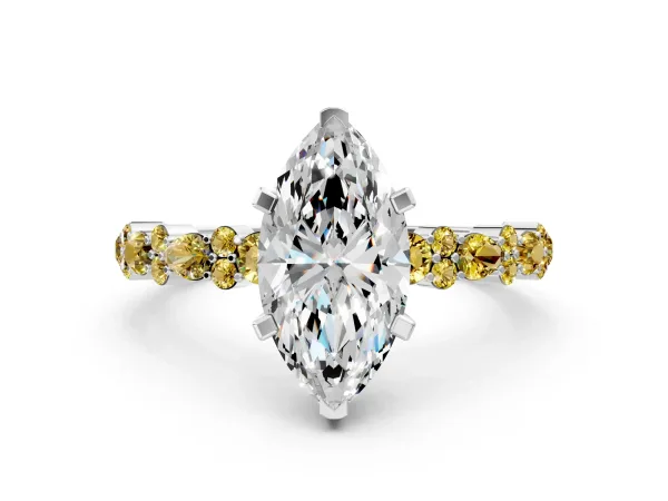 Marquise Cut Diamond Side Stone Solitaire Ring with Round Yellow Sapphire and Four-Prong Setting White gold
