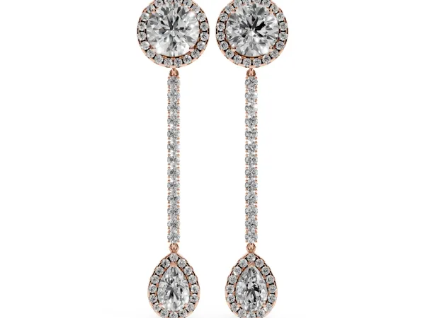 Round and Pear Diamond Halo Drop Earrings Rose gold