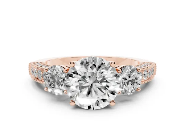 Round Cut Three-Stone Diamond Ring with Pavé Band and Four-Prong Setting Rose gold