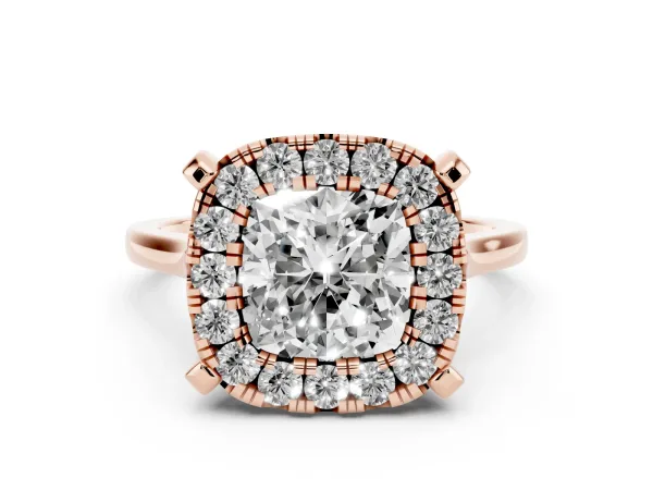 Cushion Cut Diamond Cluster Halo Solitaire with Four-Prong Setting Rose gold