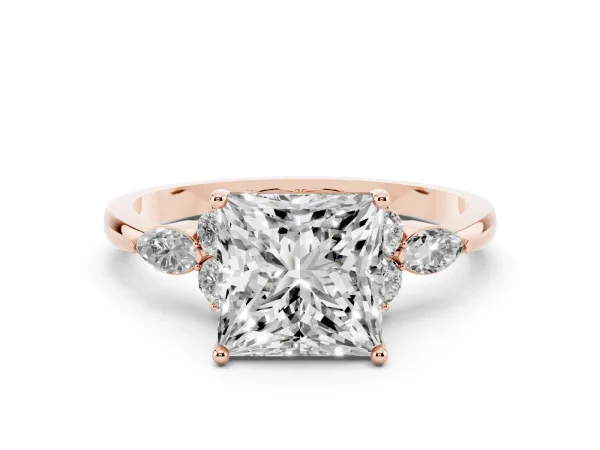 Princess Cut Brilliant Diamond Solitaire Ring with Pear Side Stones and Four-Prong Setting Rose gold