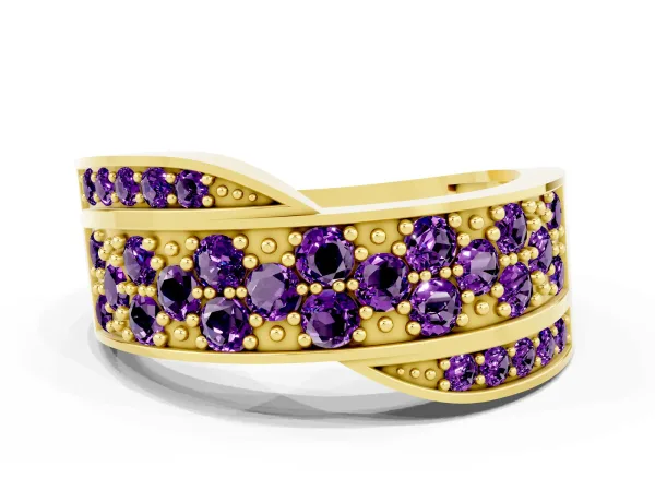 Pavé Round Amethyst Crossover Band with Bead Prong Setting Yellow gold