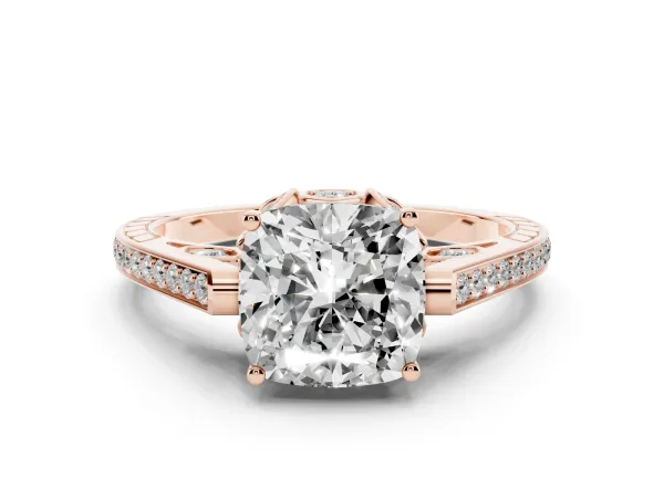 Cushion Cut Cut Cathedral Pave Diamond Engagement Ring with Six-Prong Setting Rose gold