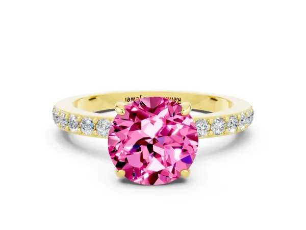 Round Cut Pink Sapphire Solitaire Engagement Ring with Pavé Band and Four-Prong Setting Yellow gold