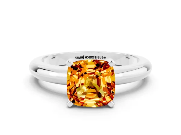 Cushion Cut Citrine Solitaire Engagement Ring with Round Band and Four-Prong Setting Silver